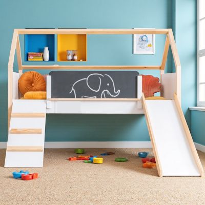 Детско Легло Къщичка GINGER HOME, Монтесори, Двуетажно, Пързалка, Черна Дъска, Подматрачна Рамка 90х200 см