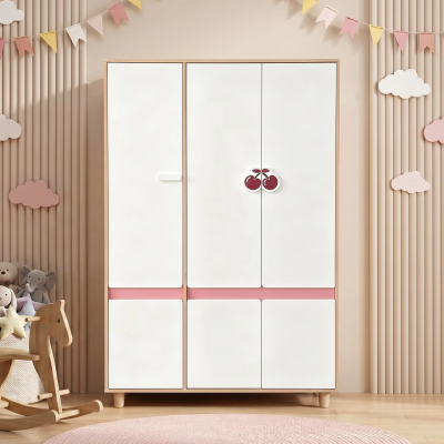 Детски Трикрилен Гардероб GINGER HOME CHERRY, с Рафтове, Лост за Закачалки и 6 Врати, Бяло, Розово и Натурално Дърво, 120х60х180 см