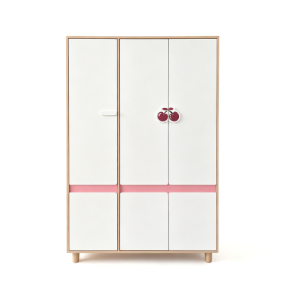 Детски Трикрилен Гардероб GINGER HOME CHERRY, с Рафтове, Лост за Закачалки и 6 Врати, Бяло, Розово и Натурално Дърво, 120х60х180 см
