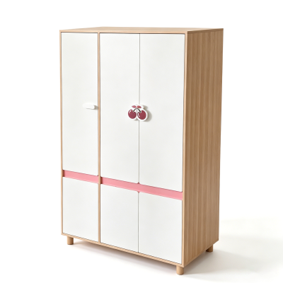 Детски Трикрилен Гардероб GINGER HOME CHERRY, с Рафтове, Лост за Закачалки и 6 Врати, Бяло, Розово и Натурално Дърво, 120х60х180 см