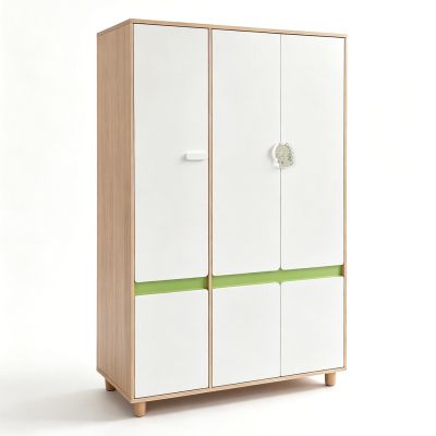 Детски Трикрилен Гардероб GINGER HOME DINO, с Рафтове, Лост за Закачалки и 6 Врати, Бяло, Зелено и Натурално Дърво, 120х60х180 см