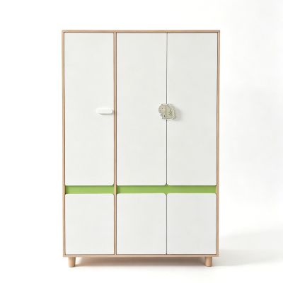 Детски Трикрилен Гардероб GINGER HOME DINO, с Рафтове, Лост за Закачалки и 6 Врати, Бяло, Зелено и Натурално Дърво, 120х60х180 см