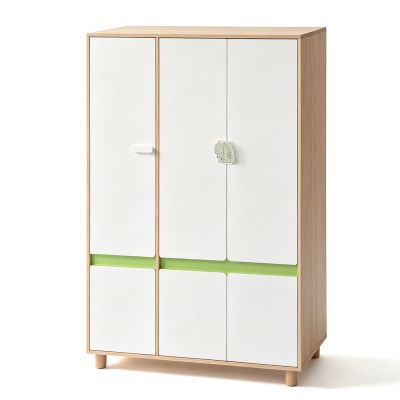 Детски Трикрилен Гардероб GINGER HOME DINO, с Рафтове, Лост за Закачалки и 6 Врати, Бяло, Зелено и Натурално Дърво, 120х60х180 см