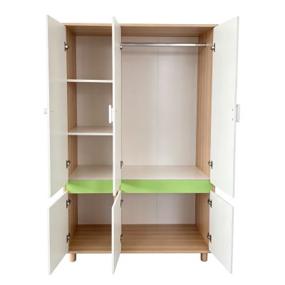 Детски Трикрилен Гардероб GINGER HOME DINO, с Рафтове, Лост за Закачалки и 6 Врати, Бяло, Зелено и Натурално Дърво, 120х60х180 см