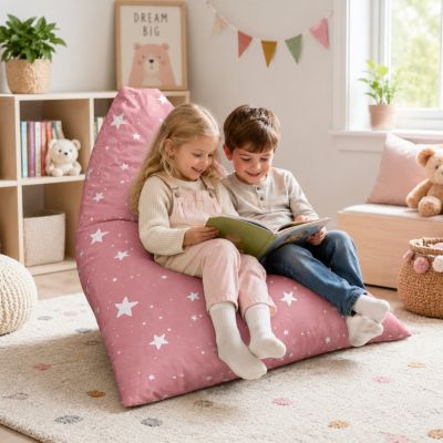 Детски Пуф Лежанка GINGER HOME Little Stars, 100% Памук, Розов Барбарон със Звезди, 127x81x76 см