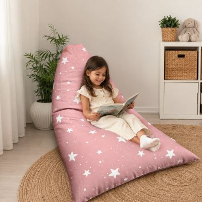 Детски Пуф Лежанка GINGER HOME Little Stars, 100% Памук, Розов Барбарон със Звезди, 127x81x76 см