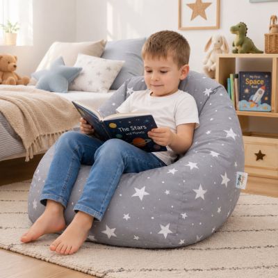 Детски Пуф Кресло GINGER HOME Little Stars, 100% Памук, Сив Барбарон Със Звезди, 55x44x55 см