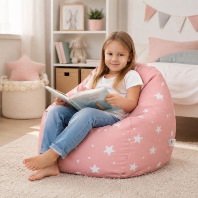 Детски Пуф Кресло GINGER HOME Little Stars, 100% Памук, Розов Барбарон Със Звезди, 55x44x55 см