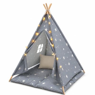 Детска Памучна Палатка GINGER HOME Little Stars, Типи, Сива със Звезди, 100% Памук, с Мека Подложка с Пълнеж, Възглавница и LED Лампички, 120x120x160 см