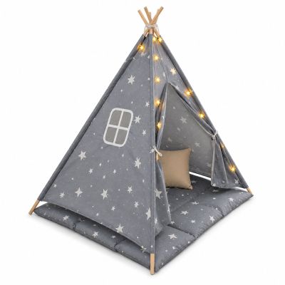 Детска Памучна Палатка GINGER HOME Little Stars, Типи, Сива със Звезди, 100% Памук, с Мека Подложка с Пълнеж, Възглавница и LED Лампички, 120x120x160 см
