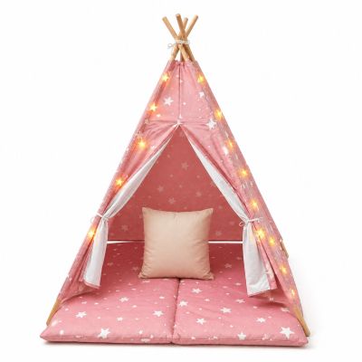 Детска Памучна Палатка GINGER HOME Little Stars, Типи, Розова със Звезди, 100% Памук, с Мека Подложка с Пълнеж, Възглавница и LED Лампички, 120x120x160 см