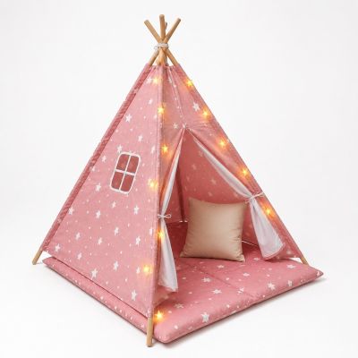Детска Памучна Палатка GINGER HOME Little Stars, Типи, Розова със Звезди, 100% Памук, с Мека Подложка с Пълнеж, Възглавница и LED Лампички, 120x120x160 см