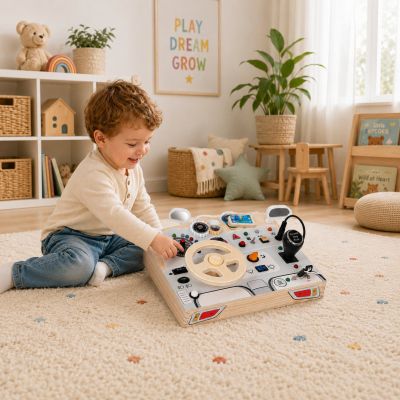 Детски Дървен Бизи Борд Кола GINGER HOME, Волан с Бутони и Звуци, 29.5x22x4 см, Монтесори Играчка