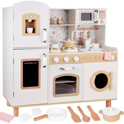 Детска Дървена Кухня GINGER HOME – Винтидж Модел с Електронни Котлони, Светлини, Звуци и Мивка с Течаща Вода, 91×31×90 см