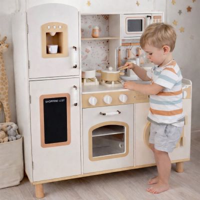 Детска Дървена Кухня GINGER HOME – Винтидж Модел с Електронни Котлони, Светлини, Звуци и Мивка с Течаща Вода, 91×31×90 см