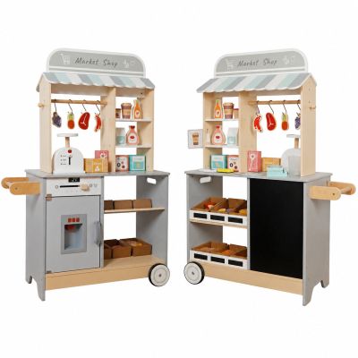 Детски Дървен Магазин GINGER HOME 2 в 1, Кухня, Щанд, Рафтове, Черна Дъска и Аксесоари, 60/73x29.5x105 см