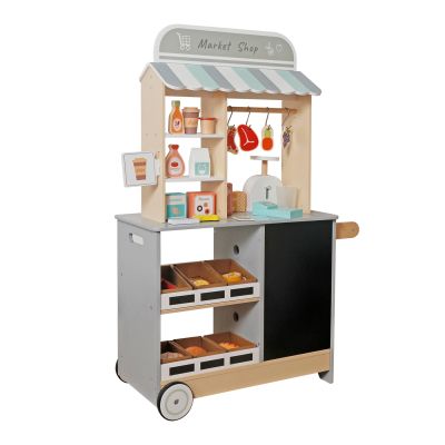 Детски Дървен Магазин GINGER HOME 2 в 1, Кухня, Щанд, Рафтове, Черна Дъска и Аксесоари, 60/73x29.5x105 см