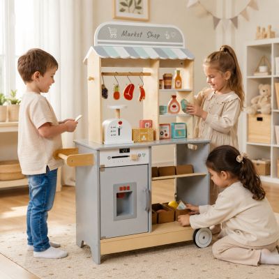 Детски Дървен Магазин GINGER HOME 2 в 1, Кухня, Щанд, Рафтове, Черна Дъска и Аксесоари, 60/73x29.5x105 см