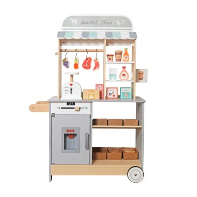 Детски Дървен Магазин GINGER HOME 2 в 1, Кухня, Щанд, Рафтове, Черна Дъска и Аксесоари, 60/73x29.5x105 см