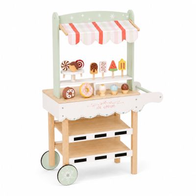 Детски Дървен Щанд за Сладолед GINGER HOME, Магазинче на Колела, MDF, 44/57x28x95.5 см, Монтесори Игра