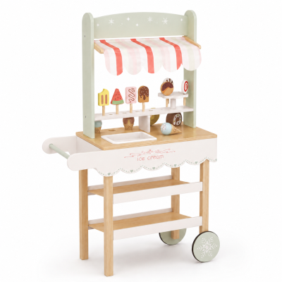 Детски Дървен Щанд за Сладолед GINGER HOME, Магазинче на Колела, MDF, 44/57x28x95.5 см, Монтесори Игра