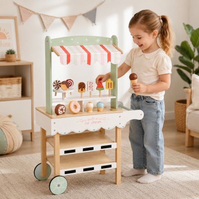 Детски Дървен Щанд за Сладолед GINGER HOME, Магазинче на Колела, MDF, 44/57x28x95.5 см, Монтесори Игра
