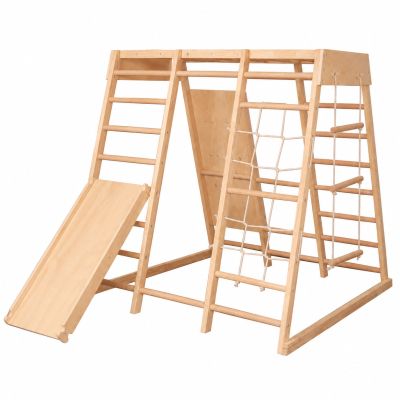 Детска Дървена Катерушка GINGER HOME, Пързалка, Стълби и Стена за Катерене, 119.5x109.5x119.5 см