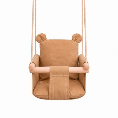 Детска Дървена Люлка Мече GINGER HOME – Мека Памучна Седалка, до 30 кг, 28×28×196 см