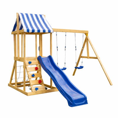 Детски Дървен Комплект за Игра на Открито GINGER HOME 4 в 1 – Пързалка 1.8 м, 2 Люлки, Катерушка и Въжена Мрежа, 308×318×244 см