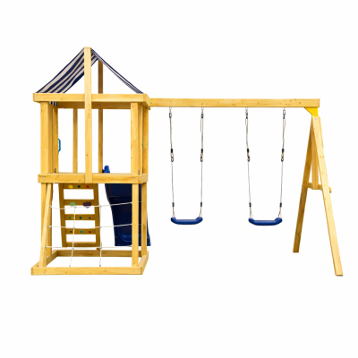 Детски Дървен Комплект за Игра на Открито GINGER HOME 4 в 1 – Пързалка 1.8 м, 2 Люлки, Катерушка и Въжена Мрежа, 308×318×244 см
