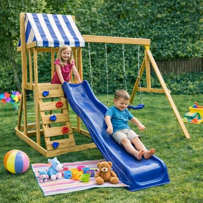 Детски Дървен Комплект за Игра на Открито GINGER HOME 4 в 1 – Пързалка 1.8 м, 2 Люлки, Катерушка и Въжена Мрежа, 308×318×244 см