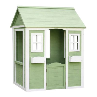 Детска Дървена Къщичка за Игра на Открито GINGER HOME – Градинска Къща за Деца, Зелено и Бяло, 107×90×144 см