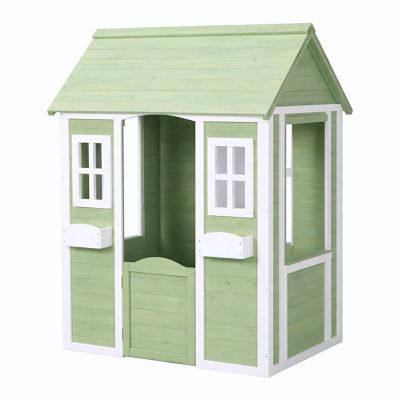 Детска Дървена Къщичка за Игра на Открито GINGER HOME – Градинска Къща за Деца, Зелено и Бяло, 107×90×144 см