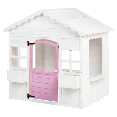 Детска Дървена Къщичка за Игра GINGER HOME – Градинска Къща с Прозорци и Саксии, Бяла, 123×106×125 см