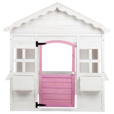 Детска Дървена Къщичка за Игра GINGER HOME – Градинска Къща с Прозорци и Саксии, Бяла, 123×106×125 см