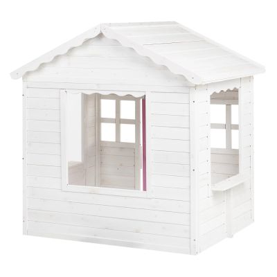 Детска Дървена Къщичка за Игра GINGER HOME – Градинска Къща с Прозорци и Саксии, Бяла, 123×106×125 см