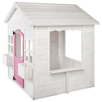 Детска Дървена Къщичка за Игра GINGER HOME – Градинска Къща с Прозорци и Саксии, Бяла, 123×106×125 см