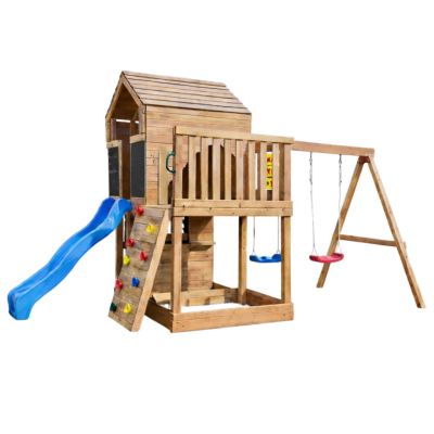 Голяма Детска Дървена Къщичка GINGER HOME за Двор с Пързалка, 2 Люлки, Катерушка и Пясъчник – 250×150×267 см