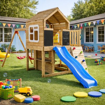 Голяма Детска Дървена Къщичка GINGER HOME за Двор с Пързалка, 2 Люлки, Катерушка и Пясъчник – 250×150×267 см