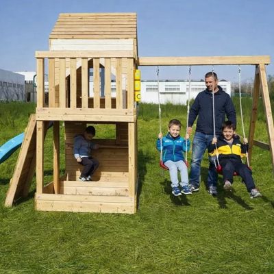 Голяма Детска Дървена Къщичка GINGER HOME за Двор с Пързалка, 2 Люлки, Катерушка и Пясъчник – 250×150×267 см